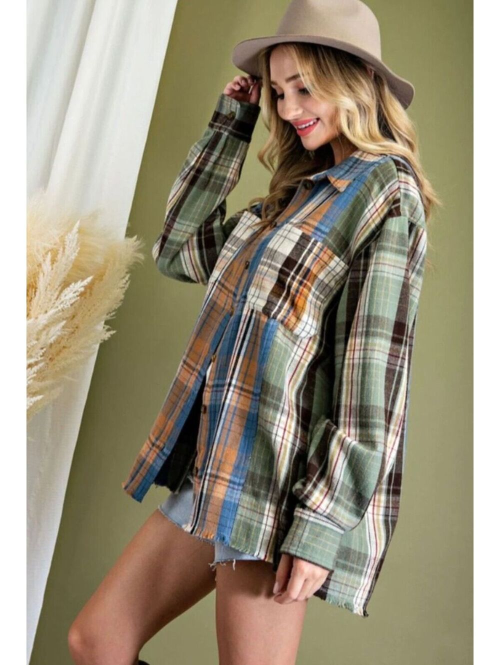 EE:SOME WASHED MIXED COLOR PLAID SHIRT JACKET SIZE 1XL